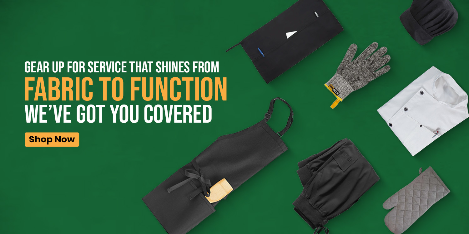 Chef apparel and accessories including apron, gloves, chef coat, pants, and hat arranged on green background with promo text.